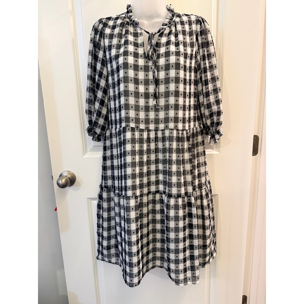 Womens‎ Black White Gingham Dress Tiered Babydoll L Cottagecore Feminine Preppy